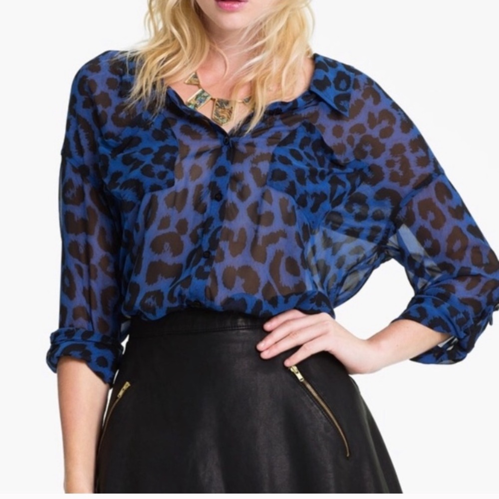 Free People Easy Rider Blue Leopard Button Up - Picture 2 of 6